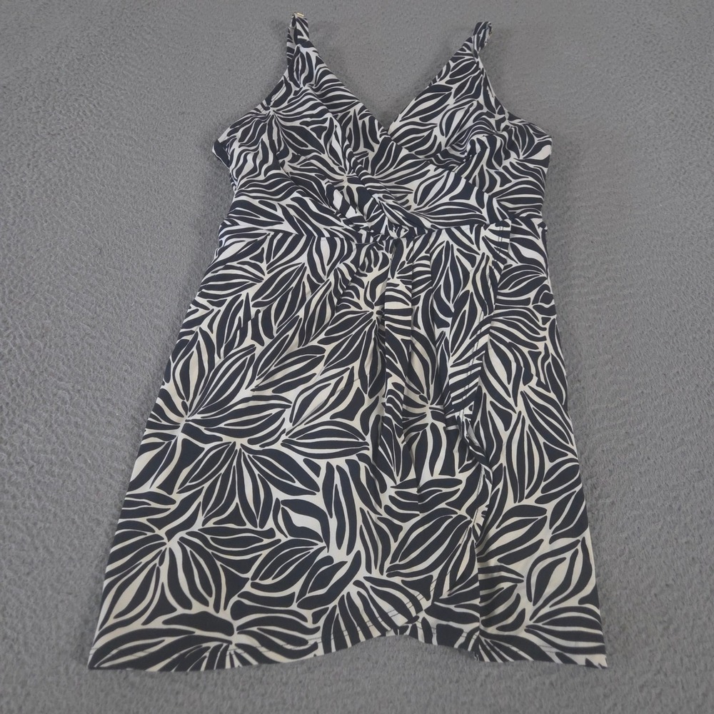 Lands End Swimsuit Womens Large Black SlenderSuit Wrap Botanical Leaf Swim Dress